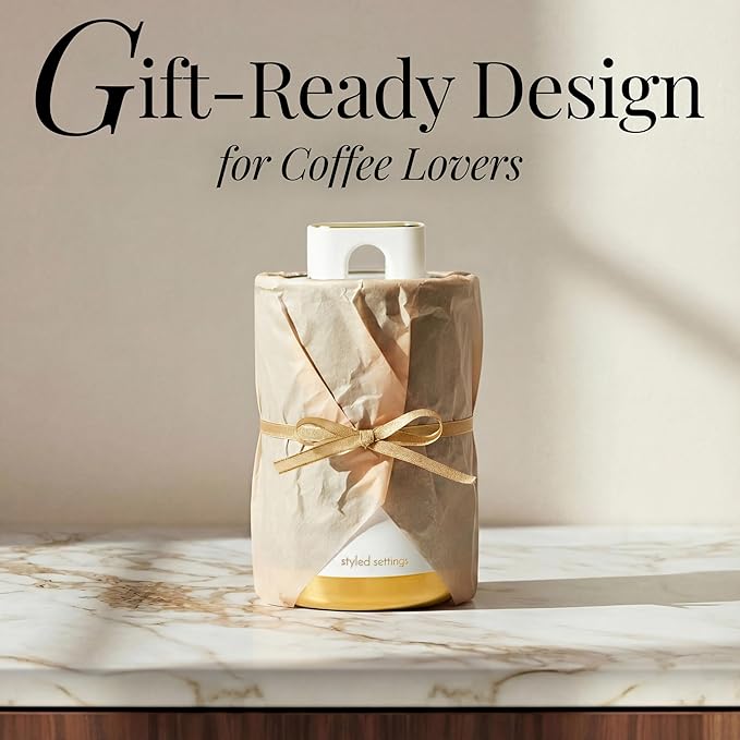 STYLED SETTINGS Vacuum Coffee Canister with Airtight Lid - Dual-Lid Airtight Coffee Canister with Scoop and Label for Beans and Grounds, Food Storage Container -White and Gold Kitchen Accessories