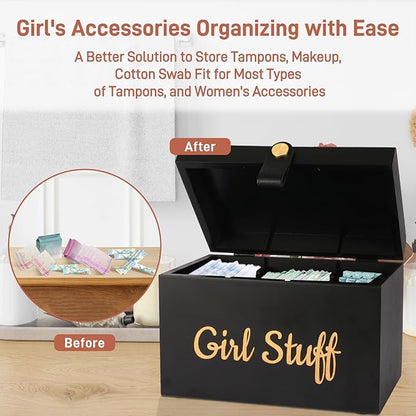 100% Solid Wood Tampon Holder Box with Lid, Copper Leather Pull, Absolute Real Wood Bathroom Decorative Box for Feminine Product Storage and Accessories such as Tampons, Cotton Balls, Gifts for Women