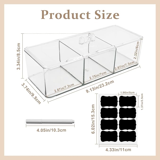 Square Qtip Holder, 3 Compartments Cotton Ball Holder, Box with Lid in Bathroom, Qtip Dispenser Containers for Cotton Swabs & Ball, Make Up Pads (Transparent)