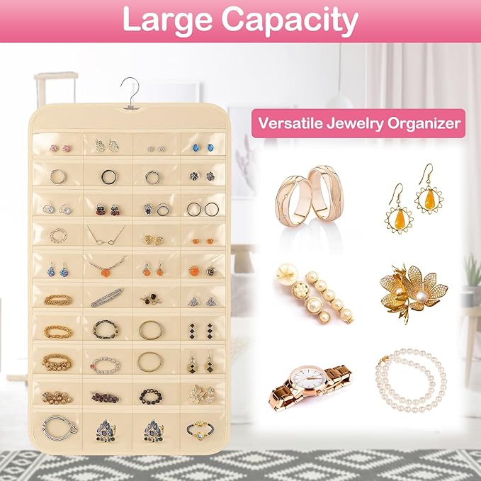 3 Pack Hanging Jewelry Organizer, 80 Clear Pockets earring organizer and storage, Accessories holder organizer for Closet, Jewelries, Necklace, Travel