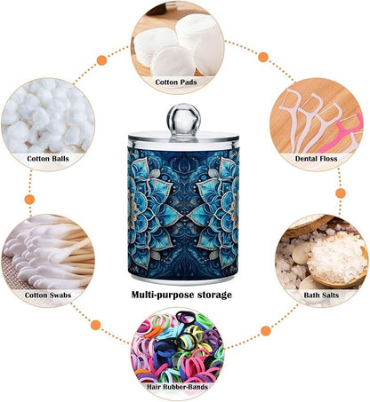 Mandala Pattern Blue Qtip Holder 4 Pack - 10 Oz Clear Plastic Apothecary Jar Set for Bathroom Organization - Versatile Canister Storage for Cotton Balls, Swabs, Rounds