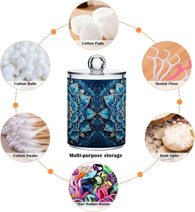 Mandala Pattern Blue Qtip Holder 2 Pack - 10 Oz Clear Plastic Apothecary Jar Set for Bathroom Organization - Versatile Canister Storage for Cotton Balls, Swabs, Rounds