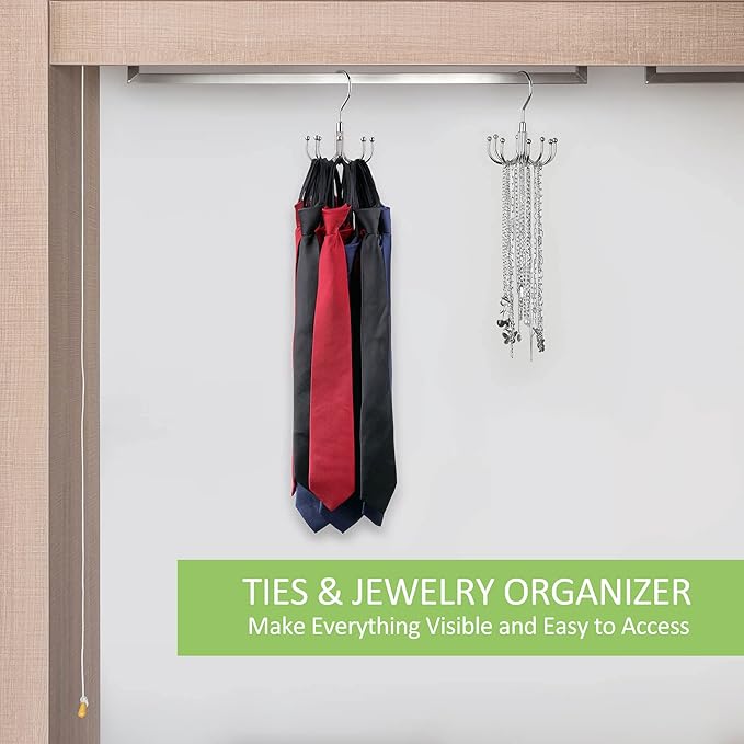 Belt Hanger, 2 Pack Rotatable Belt Organizer Rack for Closet Sturdy Max 48 Belts Storage with 16 Hooks, Hanging Space Saving Closet Organizers for Belts Holder, Silver