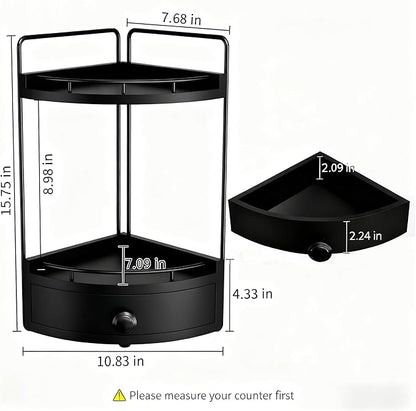 2-Tier Corner Bathroom Counter Organizer with Drawer & Embedded Screw Holes - Wooden Countertop Organizers for Skincare, Makeup Storage, Bathroom Sink Counter Shelf for Vanity, Kitchen, Black