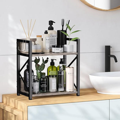 RUILALIFE Spice-Rack-Organizer-Shelf for Kitchen Counter, 2 Tiers Coffee Bar Station Organizer for Countertop，Space Saving Desk Shelving Riser Unit (Grey, Medium)