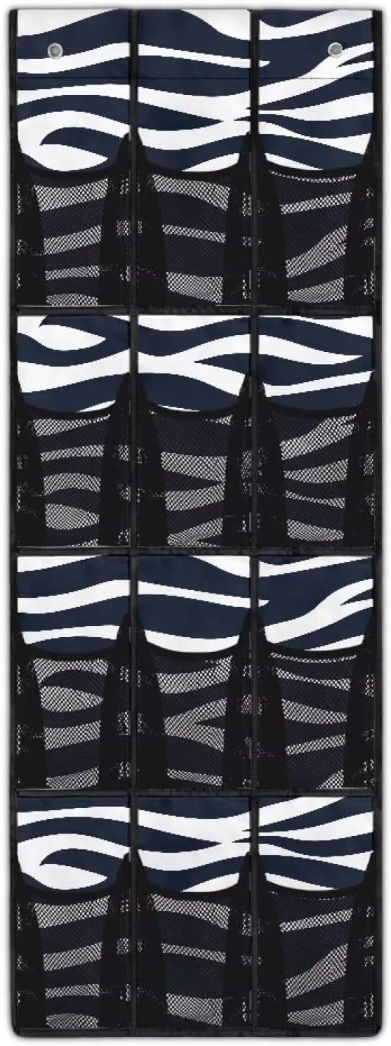 Zebra Print Over The Door Hanging Storage Pockets Space Saving Door Storage Organizer with 12 Breathable Pockets for Bedroom Bathroom