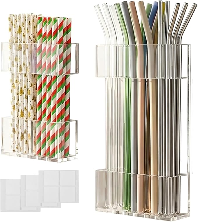 Acrylic Straw Holder for Cabinet Door, 2pcs Reusable Straw Organizer Storage with Sticky Adhesive Fits Both Short & Long Straws for Cabinet Kitchen Counter Cupboard Refrigerator
