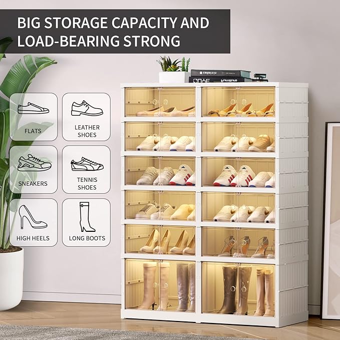 CIMLORD 6-Tier Foldable Shoe Rack Organizer for Closet 24Pairs Plastic Shoe Shelf Collapsible Shoes Storage Box Clear Shoe Boxes Stackable with Door Easy Assembly Shoe Cabinet with Lids Large