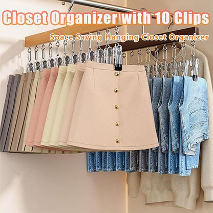 Hanging Closet Organizer, Wooden Legging Hanger with 10 Clips,Space Saving Hats Organizer for Closet,360° Rotating Wooden Multi-Hanger for Pants, Skirts and Socks Storage (Natural Finish)