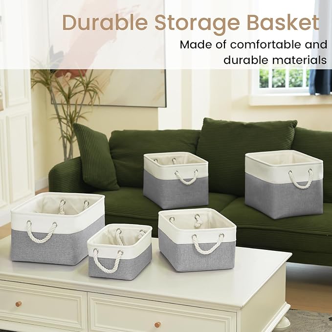 Storage Baskets for Shelves 13.8x9.8x6.7 Inch, Foldable Fabric Storage Bins with Handles, Small Storage Baskets for Organizing Closet, Office, Home Organization (3-Pack, White&Gray)