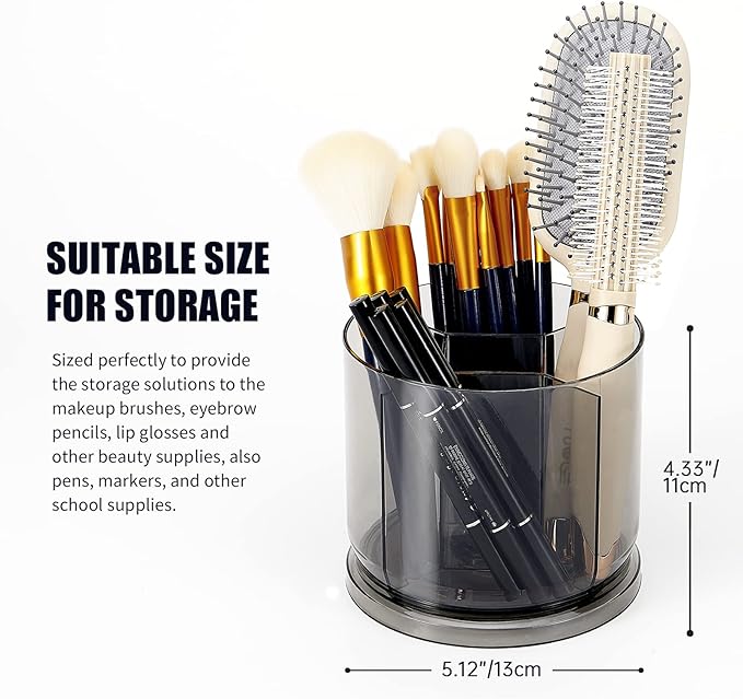 Makeup Brush Holder Organizer -Rotating 360° Clear Storage Cup Containers for Vanity, Desk, Countertop, Spinning Pen Holder for Desk, Round Make up Brush Stand with 5 Slots, for Cosmestics (Grey)