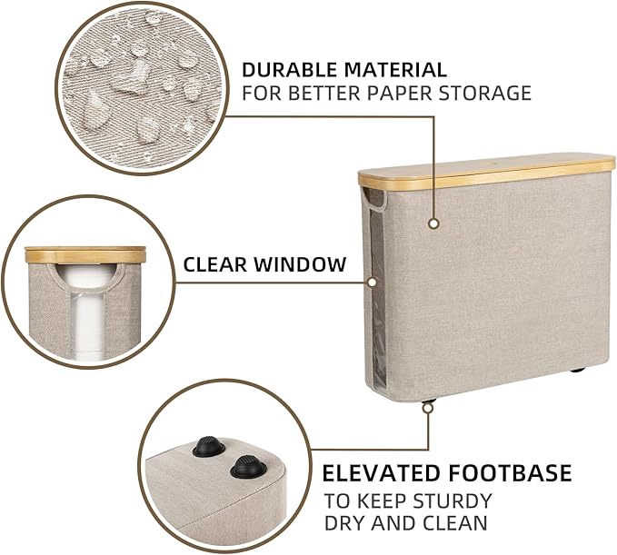 StorageWorks Toilet Paper Storage with Bamboo Lid, Toilet Paper Holder Basket for Up to 9 Mega or 12 Regular Size Rolls, Medium Paper Storage Baskets for Bathroom, Light Khaki, 1 Pack