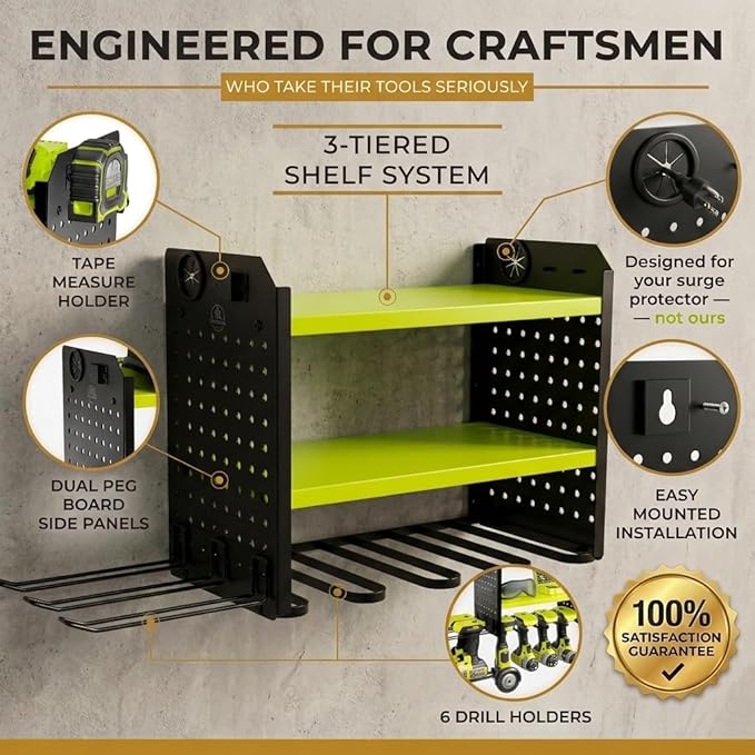 BUILTSTRONG Power Tool Organizer Wall Mount – 3-Tier Heavy-Duty Steel Rack, 6 Drill Slots, Dual Pegboard Sides, Side-by-Side Modular, 100 lb Capacity – Garage & Workshop (Green)