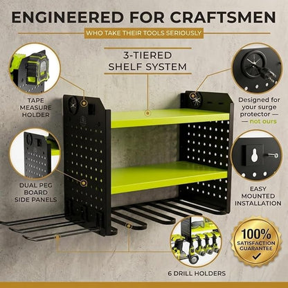 BUILTSTRONG Power Tool Organizer Wall Mount – 3-Tier Heavy-Duty Steel Rack, 6 Drill Slots, Dual Pegboard Sides, Side-by-Side Modular, 100 lb Capacity – Garage & Workshop (Green)