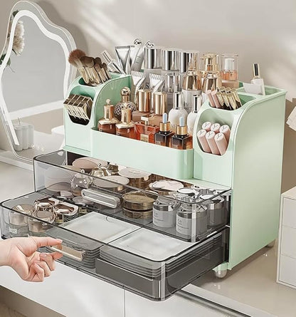 Tiered Makeup Organizer, Mint Green Cosmetic Storage Display Case with Brush Holder, Vanity Beauty Product Storage System