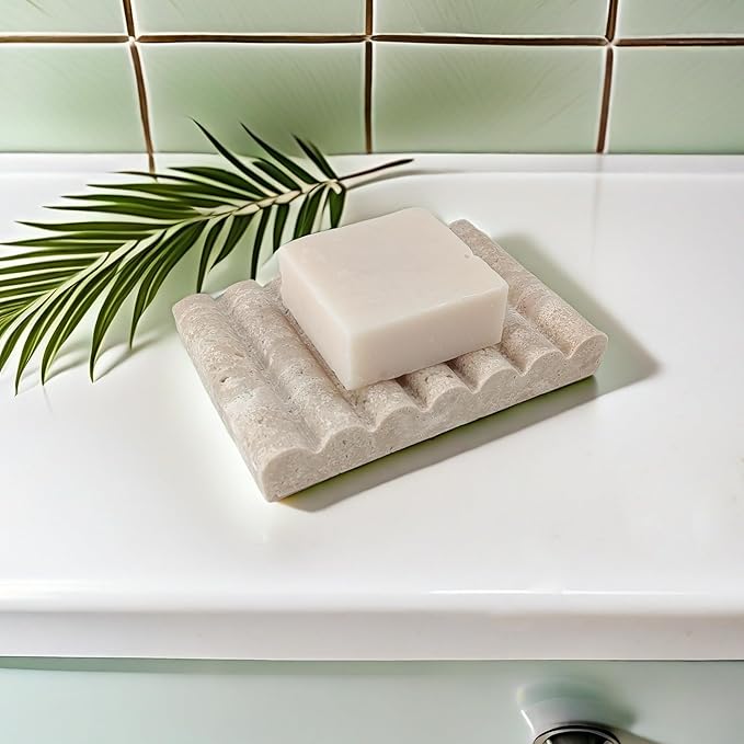 Travertine Soap Dish, Marble Self Draining Soap Holder, Sponge Holder for Bathroom, Sink, Kitchen, Jewelry Ring Dish (Beige), MSD100
