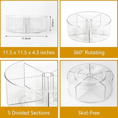 Large Lazy Susan Rotating Turntable Organizer with 5 Dividers - for Kitchen, Bathroom, Cabinet, Pantry, Fridge, Countertop, Vanity - Spinning Food Storage Container for Spices, Condiments-11.5", Clear