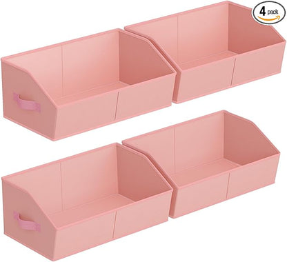 Homsorout Storage Bins for Shelves - Large Trapezoid Closet Shelf Organizer, Fabric Organization Bins with Handles, Storage Baskets for Clothes, Towel, Purse, 4 Pack, Pink