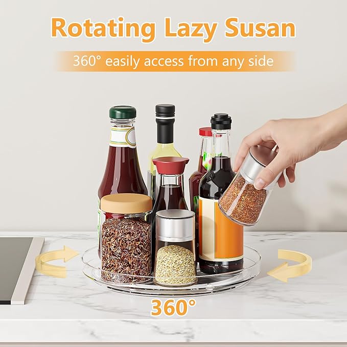 4 Pack 9 Inch Clear Lazy Susan Turntable Organizer, Non-Skid Rotating Tray for Cabinet, Kitchen Pantry Organization and Storage, Acrylic Spinner for Refrigerator, Bathroom Vanity and Spice Rack