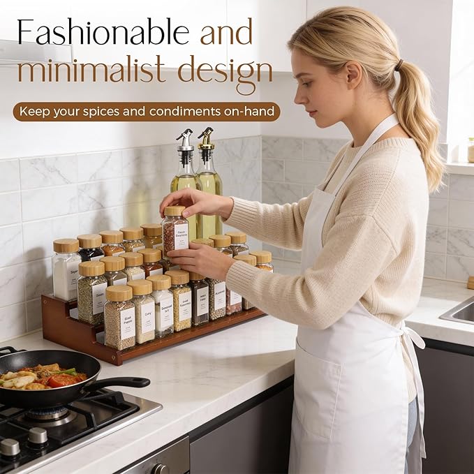 Spice Rack Kitchen Cabinet Organizer-18-Inch Bamboo Spice Organizer for Kitchen Countertop, Cabinet, and Pantry Storage (Walnut, L)