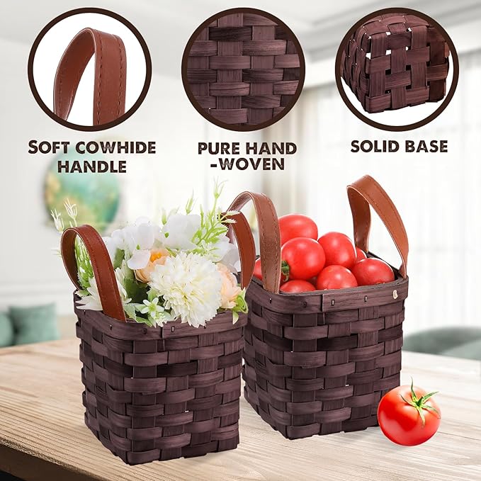 Rtteri 6 Pcs 4.5x4.5x4 in Small Wicker Baskets with Handles Wood Woven Empty Wicker Baskets for Gifts Small Square Storage Organizing Bags Pantry Party Container(Dark Brown)