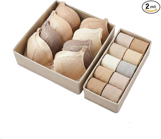 Underwear Drawer Organizer 2 Pack - Foldable Fabric Storage Bins for Dresser & Closet, Khaki Sock and Bra Dividers, 2 Sizes for Bedroom Organization