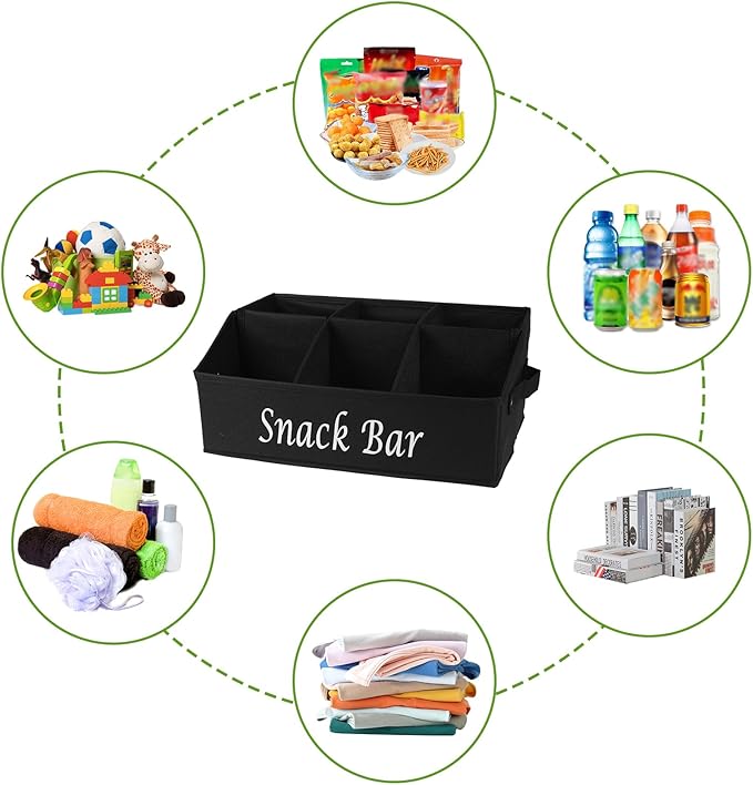 Snack Organizer for Countertop, Trapezoid Fabric Snack Bin Holder with Side Handles, 6 Compartment Snack Basket Container, Lightweight Snack Bar Station Organizer, Kitchen Pantry Storage-Black