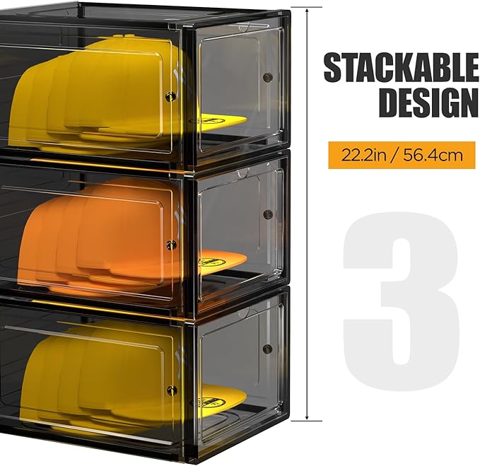 SCAVATA Hat Organizer Box, Stackable Clear Baseball Caps Holder Box Containers with Magnetic Door for Hats Snapback Cap Storag, Hat Rack Display Case, Holds 8 Hats Each (Black, 6 Pack)