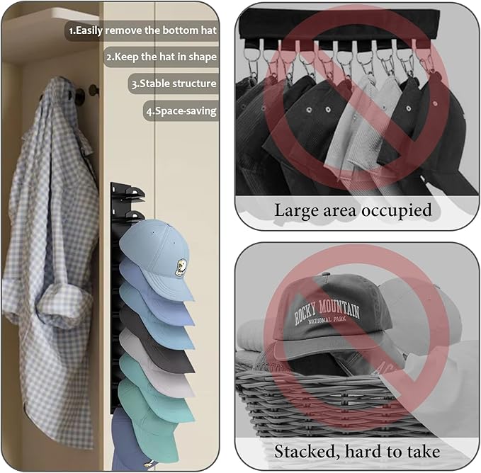 G GENLEAS 2 Pack 10 Hat Organizer for Baseball Caps, Hat Rack for Wall with Strong Adhesive, Cap Organizer for Door, Bedroom, Closet (Black)