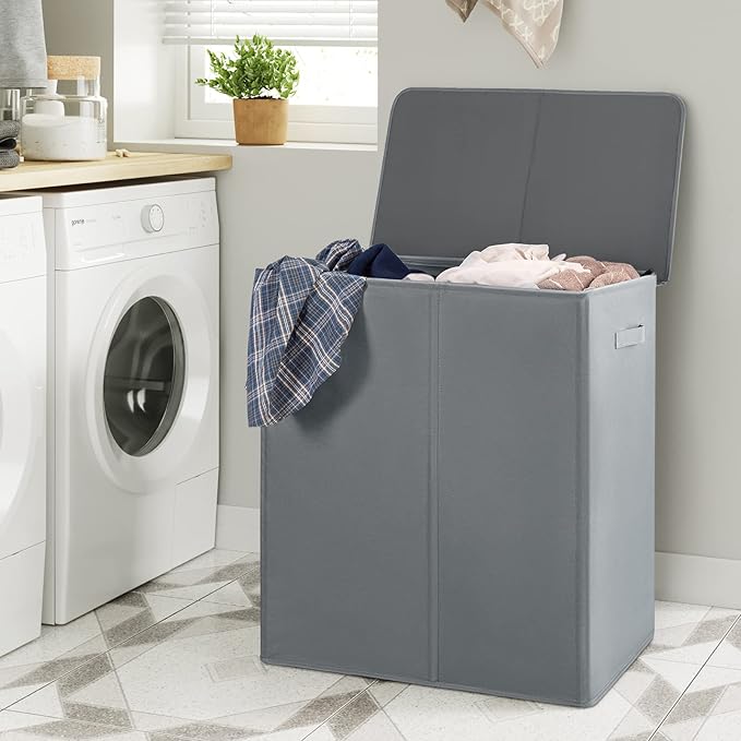 WOWLIVE 154L Double Laundry Hamper with Lid and Removable Laundry Bags, Large Dirty Clothes Hamper 2 section Collapsible Laundry Basket Dorm Room Storage for Bedroom, Bathroom, College,Grey
