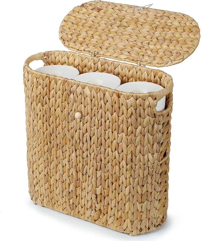 YANGQIHOME Toilet Paper Storage, Water Hyacinth Toilet Paper Storage with Lid, Papers Container for up to 9 Mega Rolls, Bathroom Basket Organizer