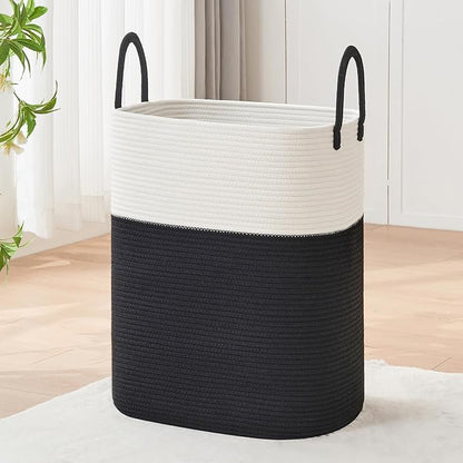 AINUOQI Laundry Basket with Handles - Blanket Basket & Hampers for Bedroom Aesthetic, Laundry Hamper & Blanket Storage for Living Room, Clothes Hamper, Tall, Large 17" x 14" x 25”, White & Black