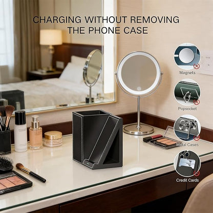 LADSTAG Leather Makeup Brush Holder Organizer with Phone Charging Stand, Makeup Organizers Countertop, Makeup Organization and Skincare Storage for Vanity, Desktop, Bathroom