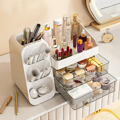 Makeup Organizer with Drawer, Skincare Products Perfume Desk Storage Box, Beauty Holder Rack for Lipstick Brush Eyeliner, Cosmetic Display Case for Dresser Countertop & Bathroom Vanity (Pink)