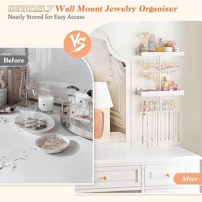 Keebofly Wall Mounted Jewelry Organizer with 2 Tired Shelves & Ring Holder- Jewelry Holder Wall Storage Display for Earrings, Necklace, Bracelet, Hair Accessories for girls in Bathroom Bedroom, White
