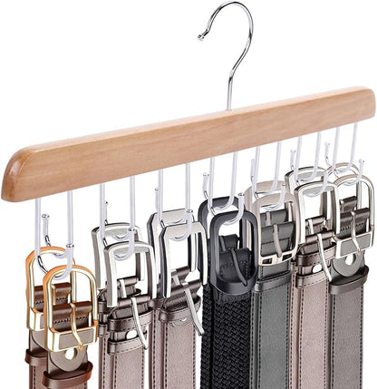JOHOUSE Belt Organizer for Closet Max 42 Belts, Wooden Sports Bra Hanger Tie Rack with 14 Hooks for Men Women Tank Top, Scarf Closet Storage