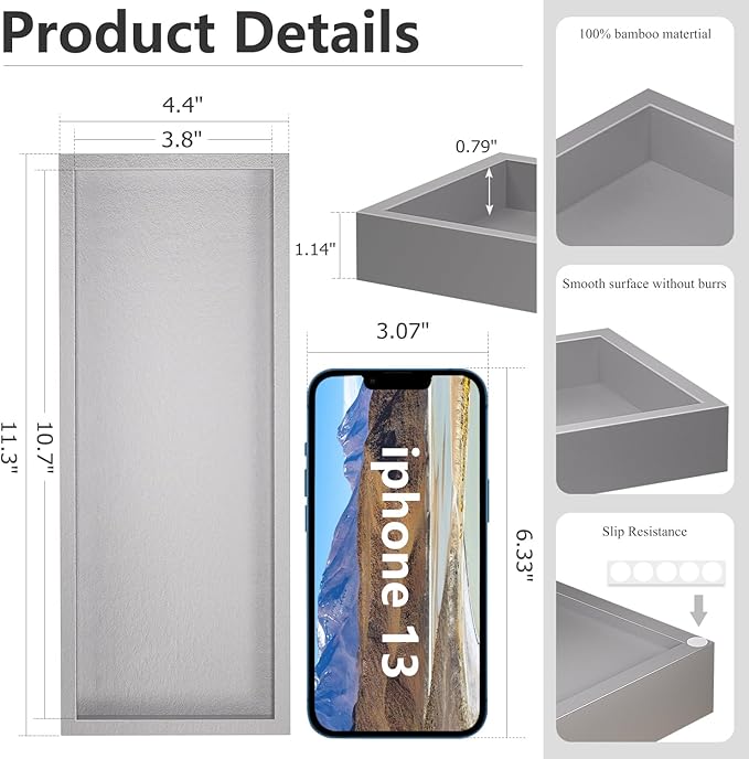 ZHWS Bathroom Vanity Tray for Toilet Tank, Perfume, Jewelry, Candle, Makeup, Decorative Tray, Kitchen Tray Counter Organizer for Soap Dispenser, Coffee Table Silver 11.3”L x 4.4”W x 1.14”H