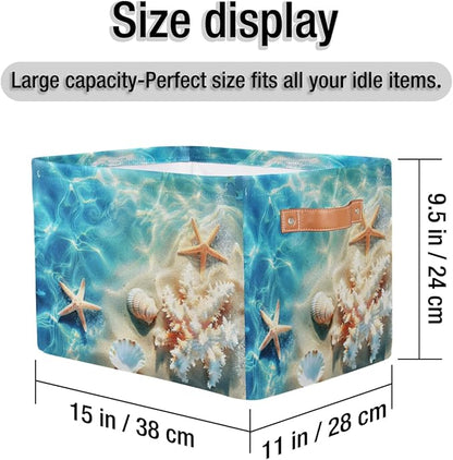 AUUXVA Storage Basket Tropical Sea Beach Starfish Seashell Storage Cube Box Durable Canvas Collapsible Toy Basket Organizer Bin with Handles for Shelf Closet Bedroom Home Office