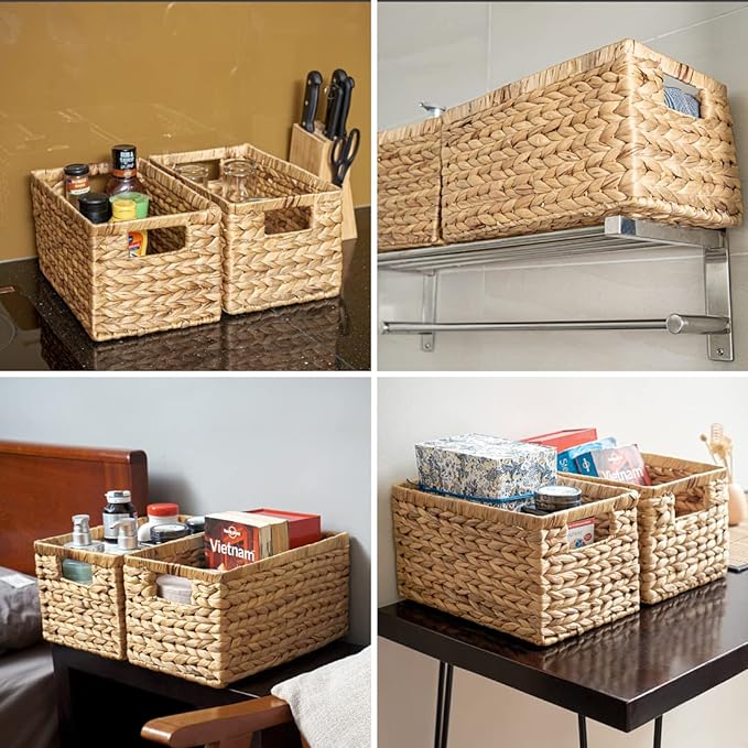 BARIEN Set of 6 Natural Water Hyacinth Woven Storage Baskets 12.6” x 8” x 7”, Rectangular Wicker Basket with Built-in Handles, Medium (Natural - Set of 6)