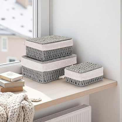 GIB Small Wicker Storage Baskets with Lids and Liner, Rectangular Paper Rope Woven Baskets for Organizing, Decorative Boxes Boho Decor for Shelves Table Desktop Makeup Organizer, Set of 3, Grey