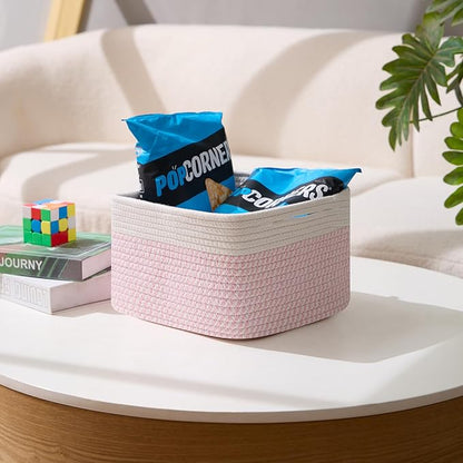 MiniArk Small Organizing Baskets for Cubes Shelf, 9.7x9.7x7.1 Inch Rope Woven Storage Bins for Nursery Shelves Storage, Cute Toy Basket, Square 3 Packs Off White Pink
