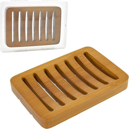 Slotted Bar Wood Soap Dish Self Draining, Wooden Sponge Holder, 1 Pack Curved Slotted Bamboo Soap Dish with Drainage for Shower, Bathroom, Kitchen, Sink, Travel, Packed in A Box (Warm Brown)