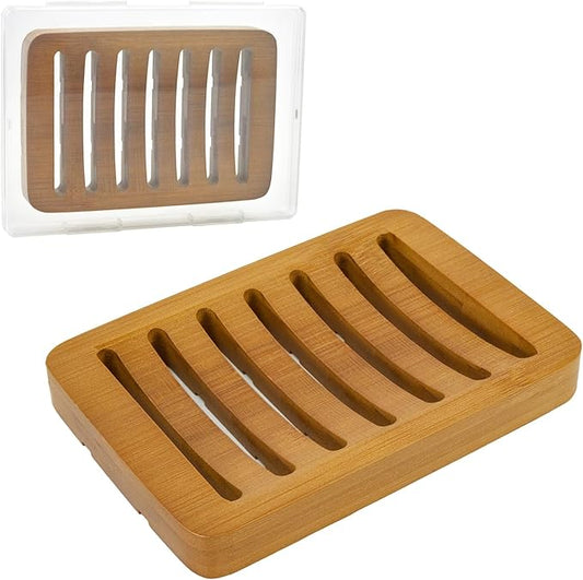 Slotted Bar Wood Soap Dish Self Draining, Wooden Sponge Holder, 1 Pack Curved Slotted Bamboo Soap Dish with Drainage for Shower, Bathroom, Kitchen, Sink, Travel, Packed in A Box (Warm Brown)