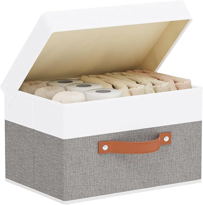 Fabric Storage Bin, Storage Basket with Lids, Closet Organizer Box with Handles for Shoes Books Towels, White and Grey, 1 Pack, 13 x 9.1 x 7.9 Inch