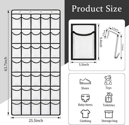 Over the Door Shoe Organizer, 24 Large Breathable Mesh Pockets, Space Saving Hanging Storage, Holds Up to 40 lbs, Hangs on Closets for Shoes, Accessories, White