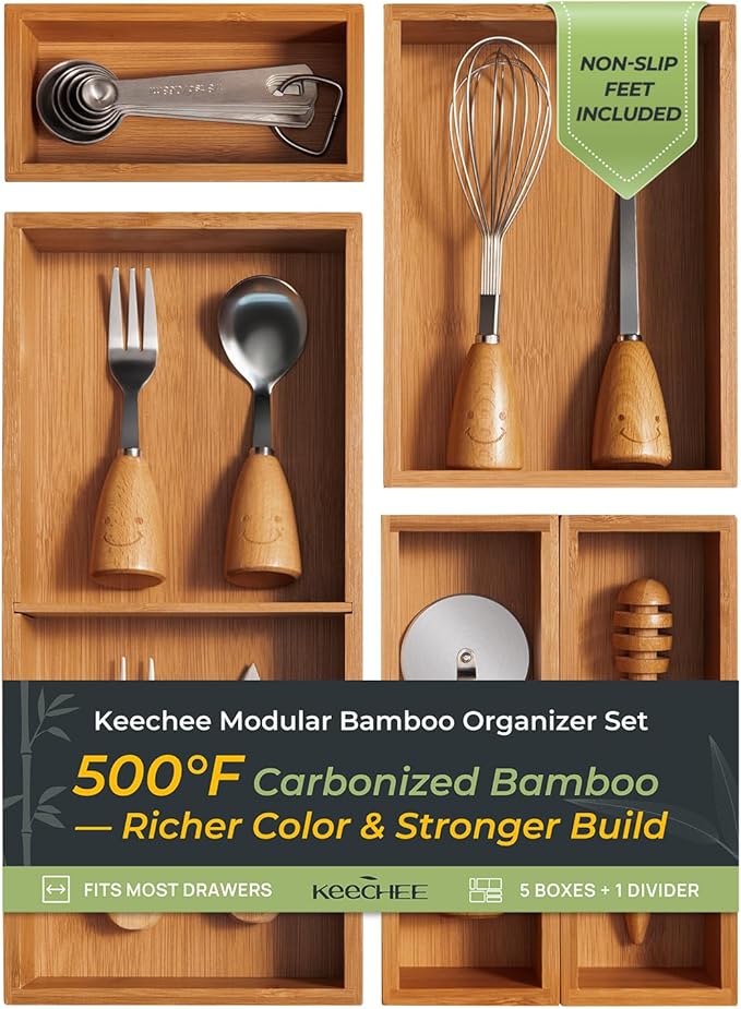 keechee 5-Piece Bamboo Drawer Organizer Set, 2.2" Deep Multi-Use Organizers for Utensils, Silverware, Cutlery, Desk, Bathroom, Junk Drawer & Makeup, Non-Slip Feet Included.