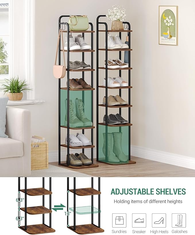 Hzuaneri 8 Tiers Vertical Shoe Rack, Narrow Shoe Tower, Tall Shoes Shelf with 2 Hooks, Adjustable Shelves, Corner Shoes Shelves for Small Spaces, Entryway, Living Room, Rustic Brown SR04301B