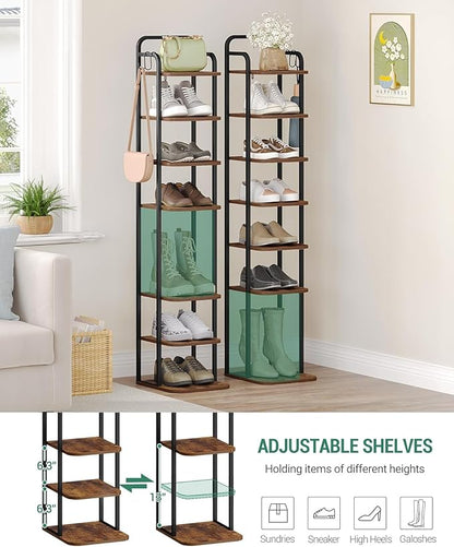 Hzuaneri 8 Tiers Vertical Shoe Rack, Narrow Shoe Tower, Tall Shoes Shelf with 2 Hooks, Adjustable Shelves, Corner Shoes Shelves for Small Spaces, Entryway, Living Room, Rustic Brown SR04301B