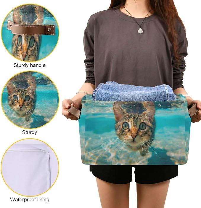 Large Storage Basket Cute Underwater Cat Storage Bin Cube Canvas Fabric Organizer Handles Collapsible for Clothes Toys Bedroom Decorative