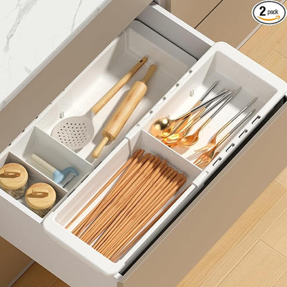 Sliding Drawer Tray with Adjustable Dividers, Expandable Kitchen Storage Organizer, Sliding Drawer Bin, Expandable Drawer Organizer, 2 PCS Drawer Organizer Trays For Utensils, Flatware, Junks